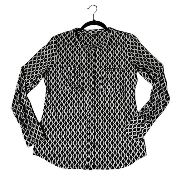 Dana Buchman Women's Collarless Button-Down Shirt Black Geometric Print Size S - Picture 1 of 8